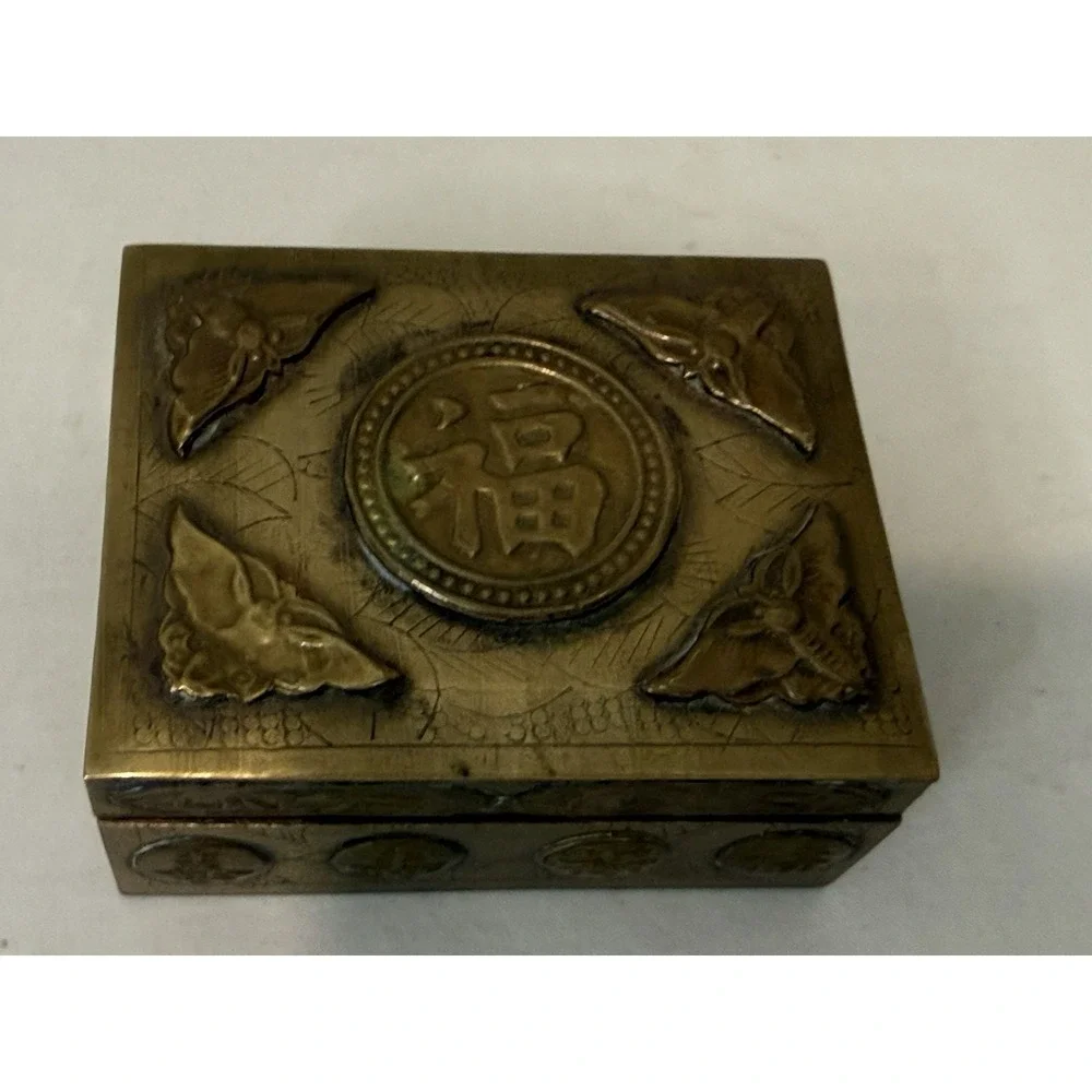 VTG Antique Chinese Brass Wood Inside Decorated Trinket Jewelry‎ Box Butterfly